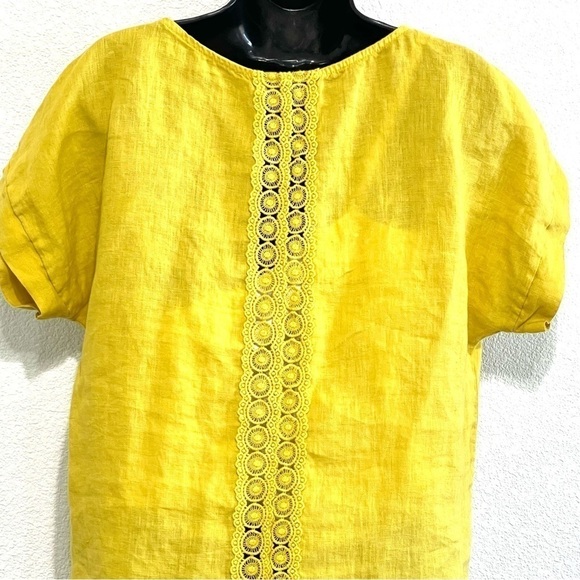 Terzo Millennio Woman 100% LINEN Yellow Back Stripe Lace Top Blouse ITALY Size S - Picture 4 of 11